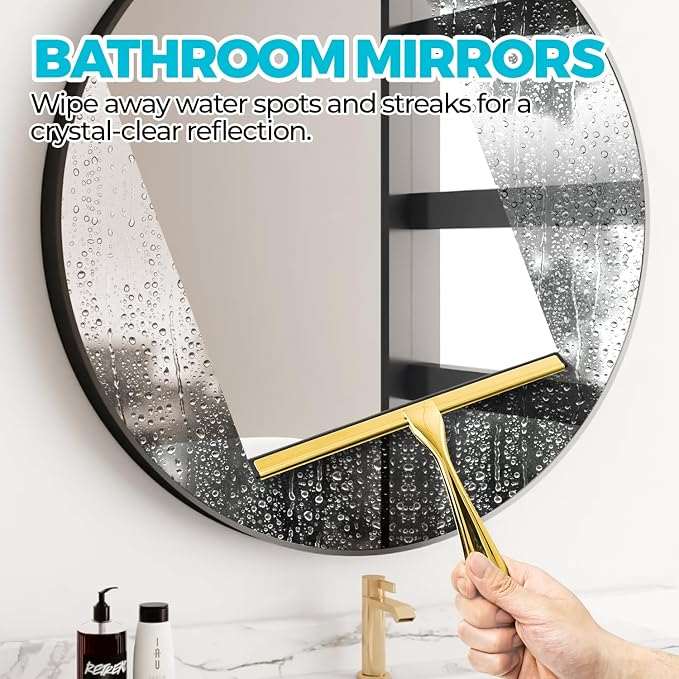 12" Shower Squeegee for Glass Doors, Tile Walls, Car Windows, Gold | Bathroom Accessories, New Home Essentials, Silicone Blade, Metal Handle, Adhesive Hook, Household Tool, Multipurpose Cleaner