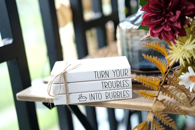 Mini Farmhouse Bathroom Decor - Funny Rustic Wooden Decorative Books Stack for Restroom Shelf Decor - Turn Your Troubles into Bubbles Sign