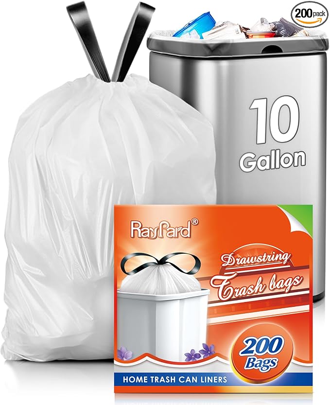 Medium 10 Gallon White Drawstring Trash Bags, 1.6Mil, 200 Count | Garbage Bags Fit 35-40l Kitchen Trash Cans, leak Proof & Tear Free Sturdy Drawstring For Home, Office, Outdoor Waste