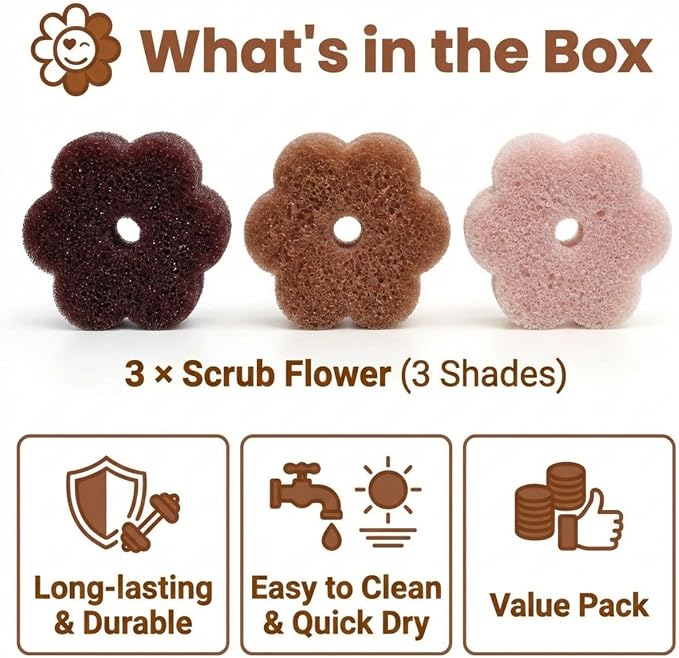 Scrub Flower Temperature Sensitive Sponges, Earth Dahlia, 3 Count | Firm when cold and soft when warm, these odor-resistant scrubbers clean dishes, kitchen surfaces and more.