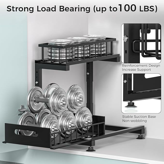 Saydear 2-Pack L-Shaped Under Sink Organizer, 2-Tier Pull-out Cabinet Rack | Black Height-Adjustable Metal Rack, Sliding Grid Drawers with Safety Stopper, Holds 100 Lbs, Ideal Kitchen Cabinet Storage