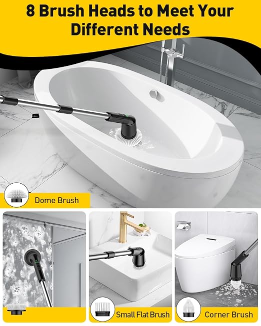 Electric Spin Scrubber for Bathroom, Shower Scrubber with Long Handle | Shower Cleaner Brushes, IPX7 Waterproof & 2 Speed, 3 Brush Heads, 90min Runtime, Bathroom Cleaning Supplies for Toilet Tub