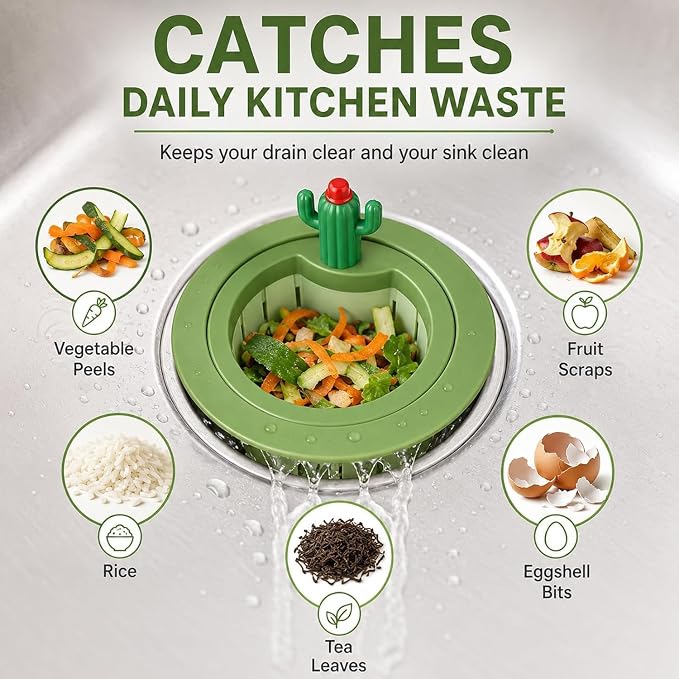 Cactus Kitchen Sink Drain Strainer, Cactus Sink Strainer Basket Fine Mesh, 2026 Upgrade Press Automatic Dumping Basket, Multi-Functional Anti-Clogging Kitchen Drainer with Lifting Handle（Green）