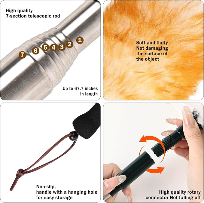Extendable Cleaning Duster,66.9Inch Telescoping Feather Dusters with Stainless Steel Extension Pole for Cleaning High Ceiling Fan, High Ceilings,Furniture