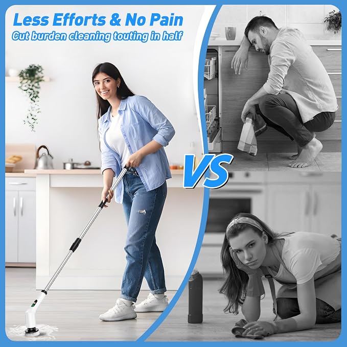 Electric Spin Scrubber for Bathroom Shower Scrubber with Long Handle | Dual Speed Cordless Power Cleaning Scrub, 9 Brush Heads, IPX7 Waterproof LCD Display Cleaner Tools for Tub Tile Grout Wall