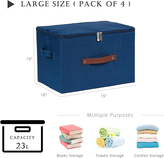 4PCS Storage Bins with Zipper Lids Decorative Lidded Basket Box | Clothes Container, Closet Shelf Organizer, Foldable Washable, Cotton Linen Fabric, w/ PU Leather Handles, Deep Blue, Large