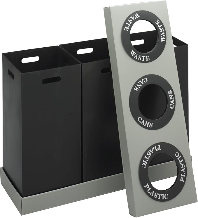 Safco Trash Can Recycle Bin Combo, 28 Gallon Each (3 Bin), At Your Disposal Recycling Center, Black/Grey