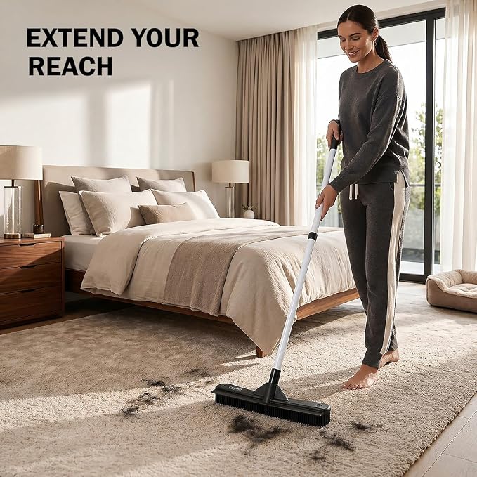 ForPro Premium FurBeGone Rubber Broom, Pet Hair Remover for All Floor Types, 12” Electrostatic Rubber Bristles, 50” Adjustable Telescopic Handle, Heavy Duty Floor & Salon Hair Broom