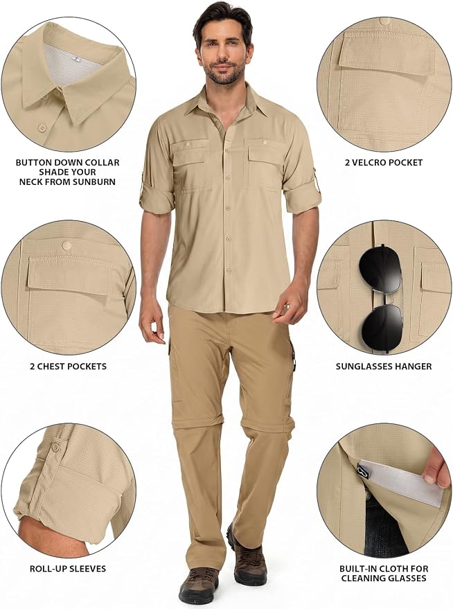 linlon Men's Safari Shirt UV Sun Protection Long Sleeve Hiking Travel | Button Down Mesh Back Vents UPF 50+ Quick Dry Breathable Cool Lightweight Outdoor Travel Fishing Gardening Clothes