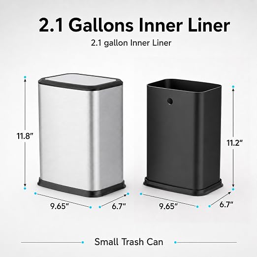 2.1 Gal Slim Bathroom Trash Can with Swing Lid, Rustproof Stainless Steel Small Garbage Can for Narrow Spaces & Toilet Side, Dog Proof Odor Control Waste Basket for Bedroom/Office, Silver