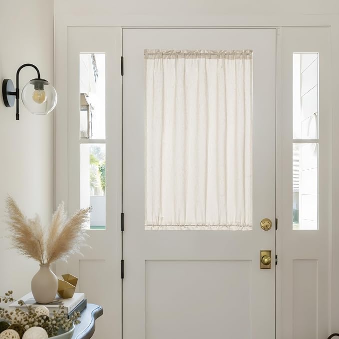 Natural Linen French Door Curtains Set of 2 25 x 40 Inch Length | Light Filtering Privacy Semi Sheer Window Curtain, with Dual Rod Pocket, and Tie Back, Beige, Front Door Drapes, W25xL40