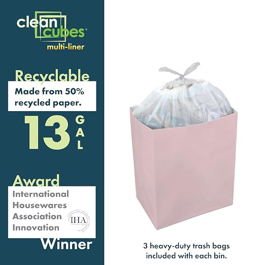 Clean Cubes 13 Gallon Multi-Liner Pop-Up Trash Cans, 3-Pack (Pink) | 3 Stacked Liners Per Bin, 9 Uses Per Pack, Swap Liners Without Touching Trash, No Assembly, Wire-Reinforced Opening