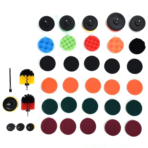 37PCS Drill Brush Kit, Power Scrubber Cleaning Set with 10 Brushes, 20 Scouring Pads, 5 Sponge Mats, Suction Cup and Connecting Rod for Deep Cleaning Kitchen, Bathroom, Car, Pool T