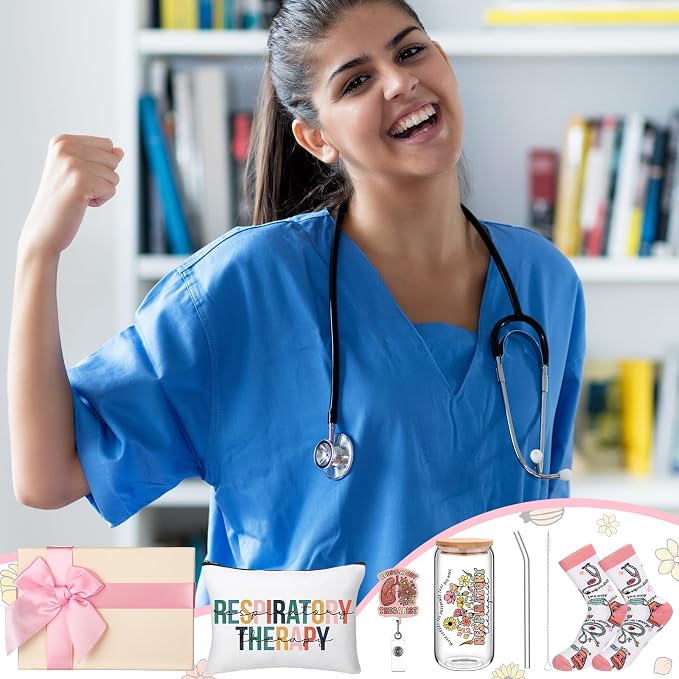 Skylety 5 Pcs Respiratory Therapist Gifts for Women | 16oz Glass Cup Socks Cosmetic Bag Badge Reel, RT Appreciation Gift Box, Respiratory Therapist accessories, Nurse Doctor Gift