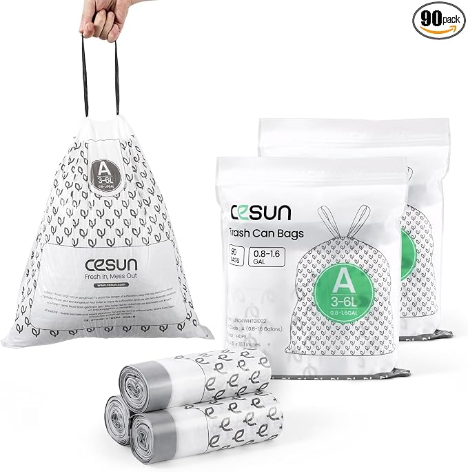 Cesun Code A Pre Cut Drawstring Trash Bags 90 Count, 1.6 Gallon / 6 Liter | Specifically Designed for Cesun 1.6 Gal Small Trash Cans, Extra-thick & Leak Proof