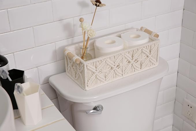 Nonam 2pc Macrame Storage Baskets, Boho Woven Boxes for Home Org, White | Handcrafted macrame storage boxes. Stylish boho decor for shelves, toilet tank & cabinets. Durable, versatile & chic.