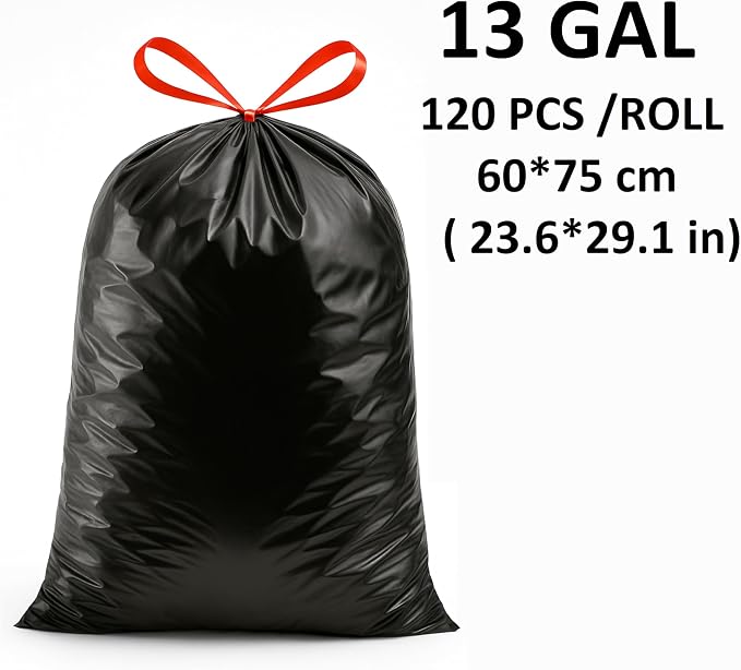 13 Gallon Drawstring Trash Bags (120 Count) – Black Garbage Bags, Leak & Tear Resistant, Tall Kitchen Trash Bags for Home, Office & Commercial Use, Odor Control – San Zooni