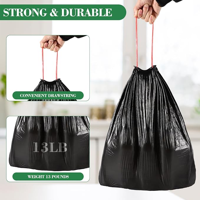 600 Counts 4 Gallon Trash Bag Drawstring Small Trash Bags, Thick Pre-separated Garbage Bags, Trash Bin Liners, Suitable for bathroom, kitchen, bedroom, office (Black)