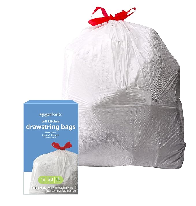 Amazon Basics Flextra Strength Tall Kitchen Drawstring Trash Bags,Fresh Scent,Tear Resistant,13 Gallon,50 Count (Pack of 2)