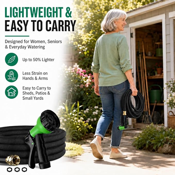 100FT Non-Expandable Flat Garden Hose with 10 Function Nozzle,No-Kink,Black | Lightweight Flat Water Pipe for Women & Seniors,Easy Storage Hose for RV, Patio, Small Backyard, Car Wash & Everyday Watering