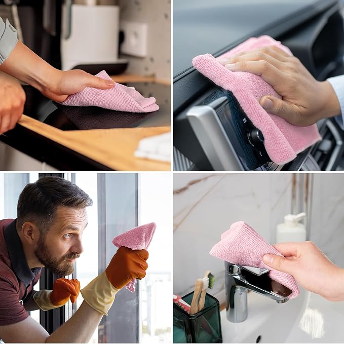 Microfiber Cleaning Cloth Roll 90 Pack, 12"×12", Reusable, Pink & Grey | Tear Away, Highly Absorbent, Lint Free, Reusable & Washable for Kitchen, Window, Car, Shop