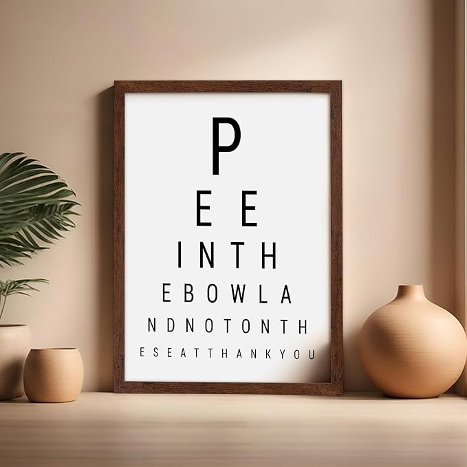 Poster Master 2-Piece Bathroom Sign Print - Eye Chart & Rules Poster - Humorous Guest Bath Decor - Minimal Typography Design - Powder Room Decor - Funny Restroom Sign - 16x20 Brown Framed