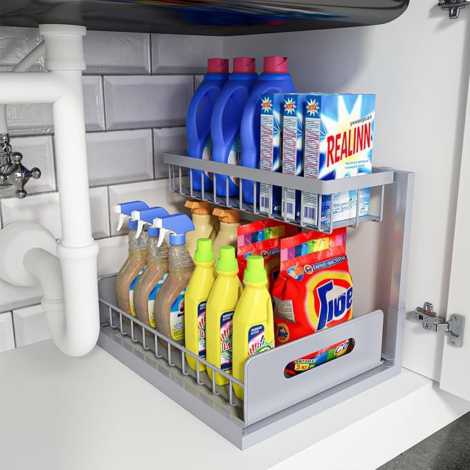 Under Sink Organizer, Pull Out Cabinet Organizer 2 Tier | Slide Out Sink Shelf Cabinet Storage Shelves, Under Sink Storage for Kitchen Bathroom Cabinet, Grey, 1 Pack