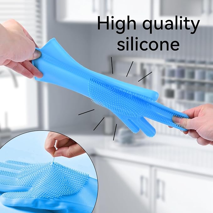 Silicone Dishwashing Gloves with Scrubbers, Pet & Dish Scrubbing（1pair, 12.2" L）