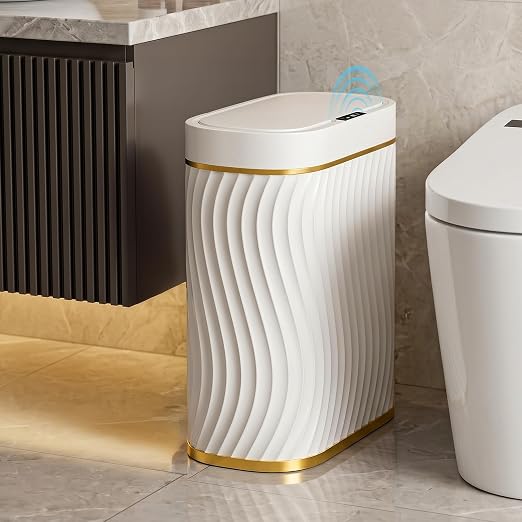 5 Gallon Automatic Bathroom Trash Can with Touchless Lid, White Gold | Motion Sensor Trash Can with Slim Waterproof Body; Small Plastic Garbage Can, hands-free lid for Bedroom, office, and kitchen