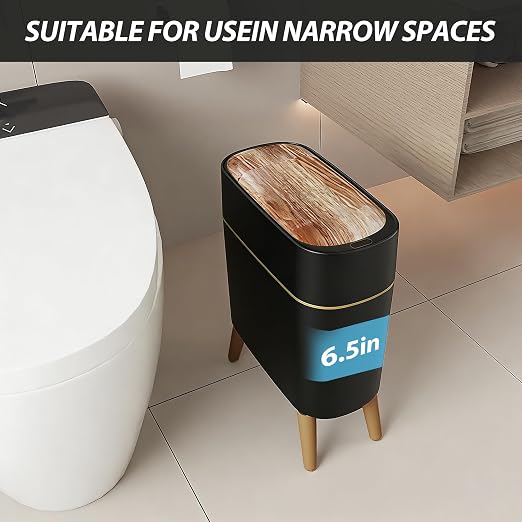 suyika Automatic Trash Can, 2.6 Gallon/10L Bathroom Trash Can with Lid | Wood Grain Lid and Legs, Touchless Waterproof Garbage Bin for Bedroom, Bathroom, Office, Living Room