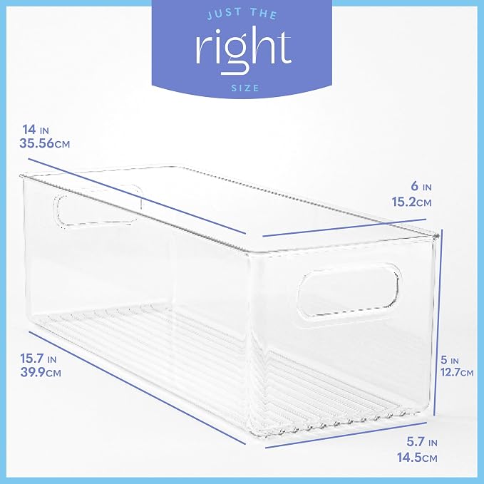 Plastic Food Storage 6 Pack Clear Container Bin with Handles for Organizing Kitchen, Pantry, Fridge, Freezer, Pantry, Bathroom. 14"x6"5"