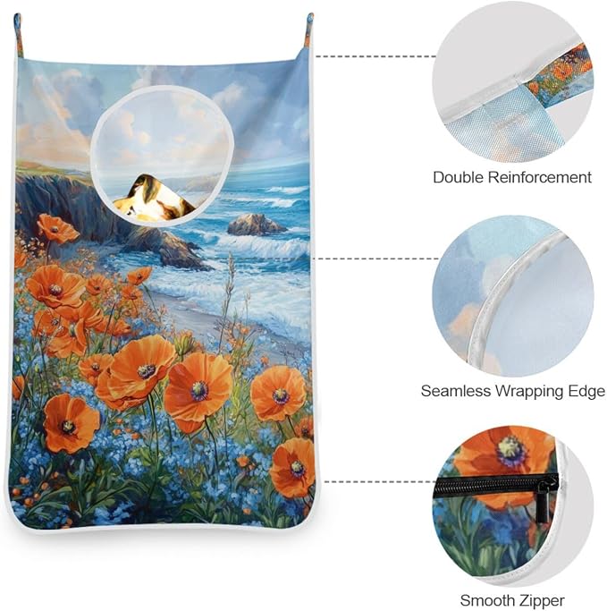 Hanging Laundry Hamper with Stainless Steel Hooks,Oxford Fabric Printing Door Laundry Clothes Bag, 29.5X20inch 1PCS Poppy Flower and Blue Ocean