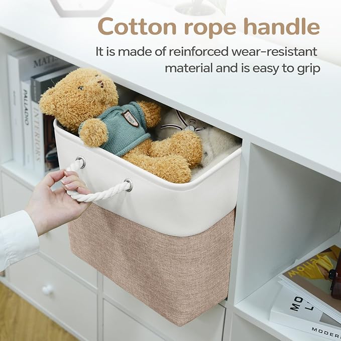 13x13 Inch Foldable Fabric Cube Storage Bins with Handles 6 Pack | Sturdy Metal Strand, Cardboard Support Molding, Storage Basket, Cube Storage Bin for Shelves, Closet, Bedroom, White/Khaki