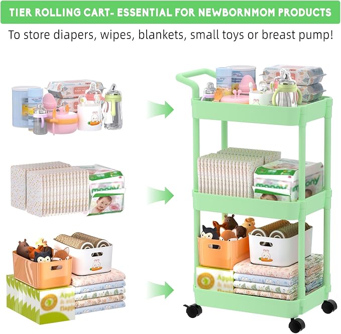 Volnamal Diaper Caddy, 3 Tier Rolling Cart for Baby Essentials, Green | Movable & Easy Assemble Cart for Newborn Nursery Essentials, Diaper Storage Organizer for Changing Table&Crib, Baby Registry