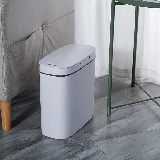 Sooyee 14 Liter Automatic Trash Can with Lid, White | 3.6 Gallon Narrow Garbage Can Touchless or Kick, For Kitchen, Bathroom, Office, Bedroom, Living Room