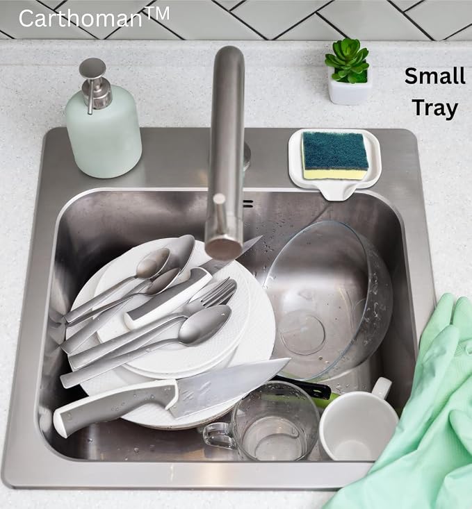 Silicone Soap Tray, Soap Dish with Drain Spout, Bathroom and Kitchen Sink Counter Organizer, Sponge Holder, Perfect for Dispenser, Scrubber, Bottle, Cup on Sink or Counter - Large and Small Set