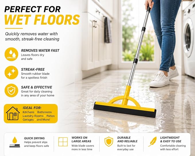 2-in-1 Floor Squeegee & Broom Kit with Telescopic Handle, 17.5 Inch Heavy Duty Water Squeegee for Tile, Concrete, Marble, Garage & Shower, Includes 2 Cotton Cloths