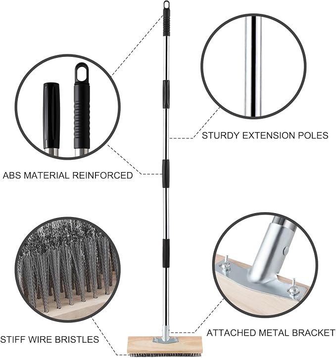Wire Brush Long Handle 57'' Remove Moss on Deck Concrete Patio | Heavy Duty Outdoor Scrub Broom with Metal Stiff Bristle, Large Wire Scrubber for Weeds Removal in Garage Garden Roof Balcony
