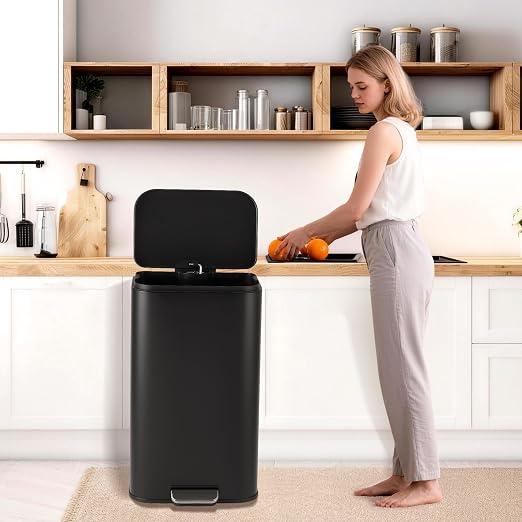 Takywep Stainless Steel Fingerprint Proof Soft Close Recycling Trash Can with Foot Pedal & Removable Inner Bucket, Rectangular Waste Bin for Kitchen Home Office Bathroom Restaurant