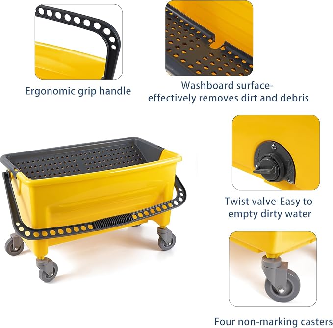 Matthew Cleaning Microfiber Finish Bucket with Sieve,Press Wring Mop Bucket for Microfiber Flat Mops, Mop Bucket with Non-Marking Casters Wheels,44" Yellow