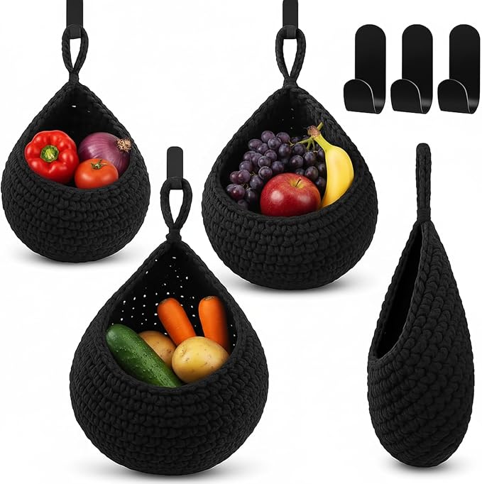3 Hanging Baskets,Black,Teardrop,Cotton Rope | Wicker Wall Baskets with Hooks for Fruit Vegetable Onion Storage, Teardrop Organizer for Kitchen, Boho Farmhouse Decor