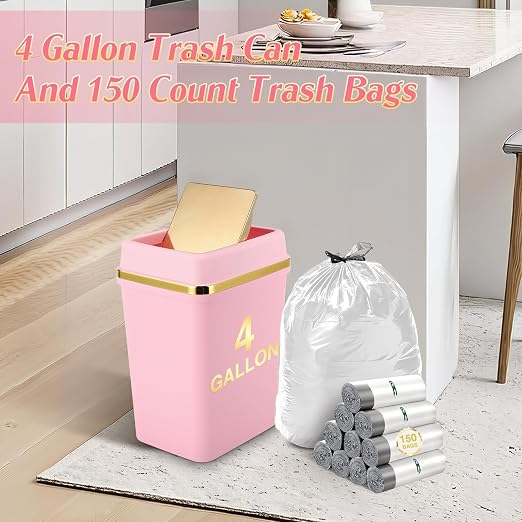 3 Pack Bathroom Trash Can with Lid 4 Gallon Pink Small Trash Can with Swing Lid Bathroom Garbage Can with 150 Counts Trash Bags for Kitchen Bedroom Office