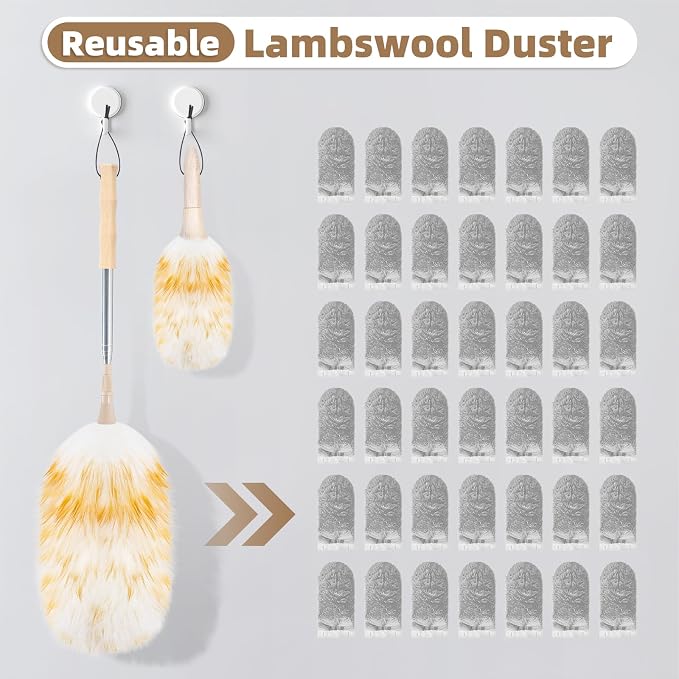 LOVECO Lambs Wool Dusters for Scratch-Free Cleaning Extendable 29-49 Inch | Includes: Sticky Hooks×2, Small Duster×1, Electrostatic Dusters Suitable for Office, Home, Car