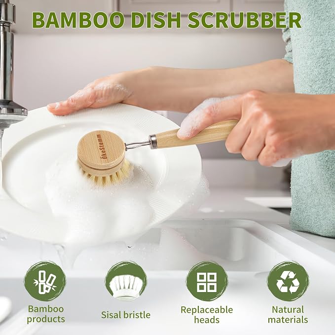 Long Handle Bamboo Dish Brush Set with 4 Replacement Brush Head | No Plastic, Bamboo Handle and Sisal Bristle, Natural Dish Scrubber Brush, Used for Cleaning Dish, Pan, Pot, Fruit and Veggie