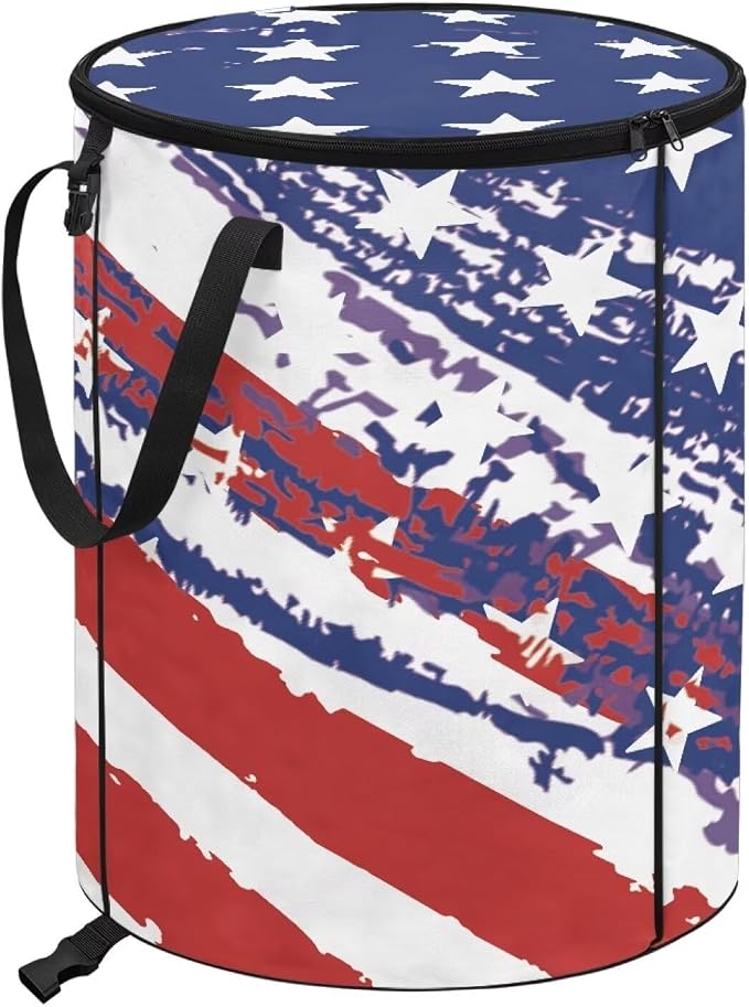24 Gallon Reusable Yard Waster Bag Garden Leaf Bin Collapsible Camping Trash Container Stand-up Waster Bin with Lid and Handles Patriotic American Flag Print