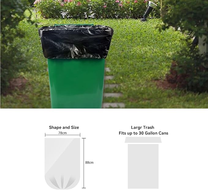 WAIKAS Trash Bag 30 Gallon, 10 Count, Big Garbage Bags, No Flaps/Ties,Thickness, 78x88cm,33.5g/pc, Unscented, Black