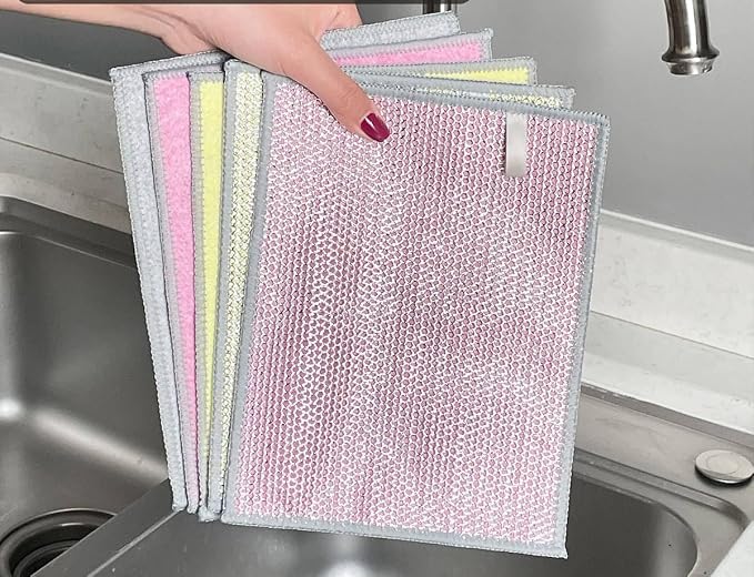 NEW 2026 | Non Scratch Wire Dishcloth | Metal Cleaning Rag for Kitchen Cookware | Silver Mesh Dishcloth | Double Sided | Metal & Coconut Fiber Scrubbers | 10 pcs Colorful Cloth