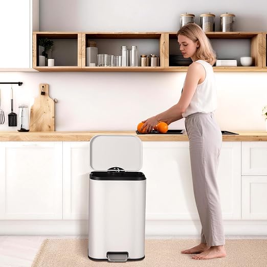 Takywep Stainless Steel Fingerprint Proof Soft Close Recycling Trash Can with Foot Pedal & Removable Inner Bucket, Rectangular Waste Bin for Kitchen Home Office Bathroom Restaurant