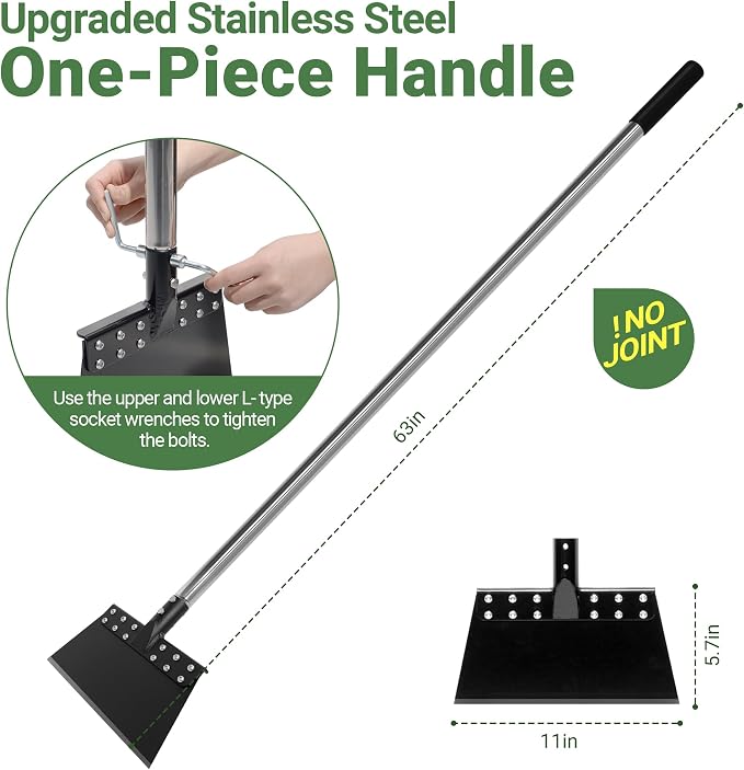 63 Inch One-Piece Handle Weed Scraper with 11in Spring Steel Blade | Garden Flat Shovel Floor Scraper Long Handle Heavy Duty Multi Weeding Shovel for Ice, Weed, Dirty, Moss, Lawn Edging