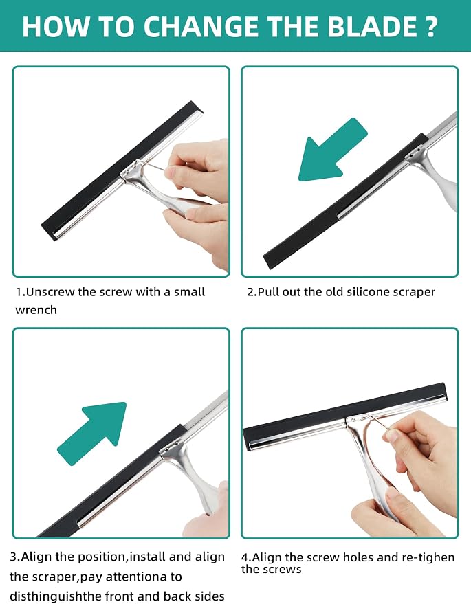All-Purpose Stainless Steel Shower Squeegee Come with S Hook, 2 Square Sticky Hook 2 Rubber Strips Shower Squeegee for Glass Doors, Windows, Mirrors, Tiles and Car Glass -14 Inches Silver